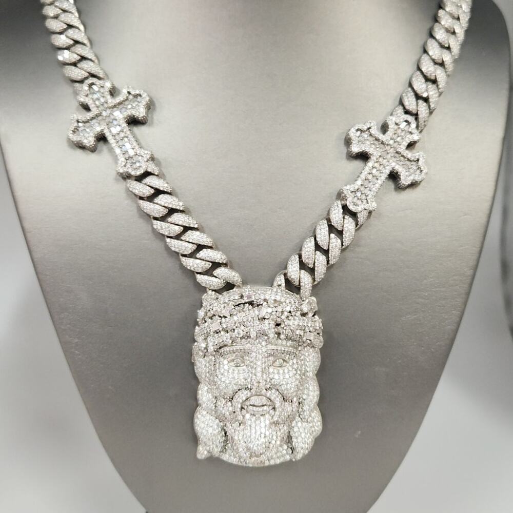 22" 925 Sterling Silver Iced Cuban Link Chain Jesus Head & Double Cross Pendants